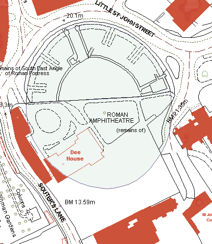 The amphitheatre (light green) in relation to modern buildings (red)